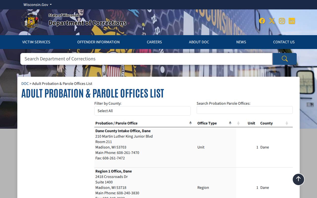 Waushara County offender supervision office directory from Wisconsin DOC
