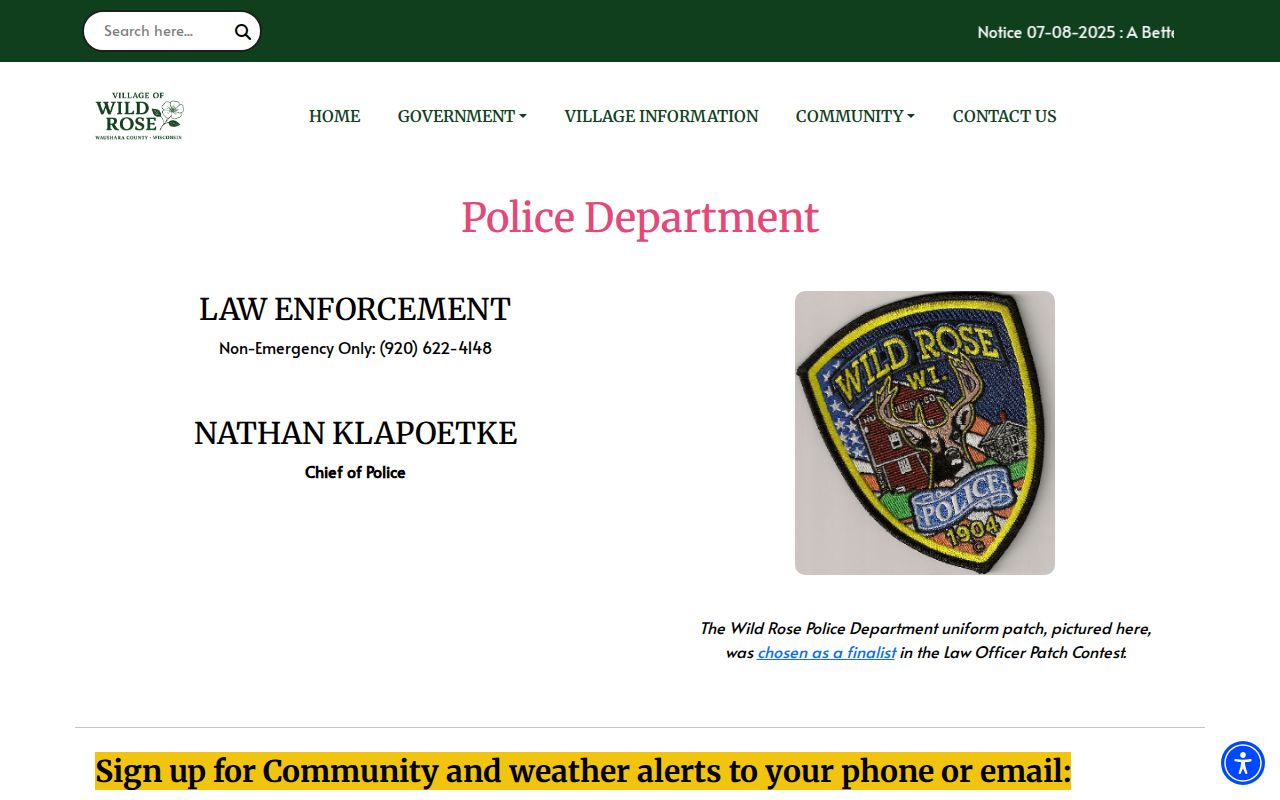 Wild Rose criminal records Police Department contact page