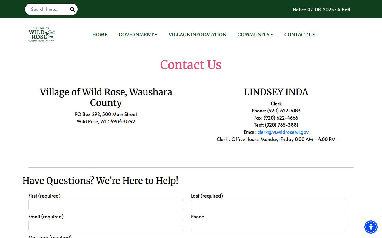 Wild Rose criminal record request municipal contact page
